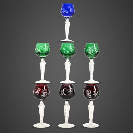 Bohemian Cut Crystal Cordial Glasses Set of 7 Multi Color