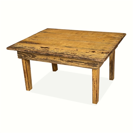 Antique Yellow-Painted Pine Plank-Top Farmhouse Coffee Table