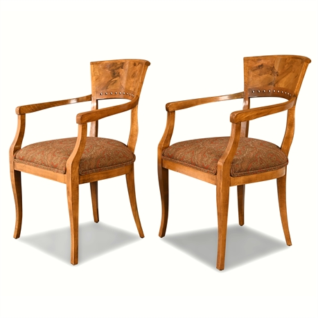 Pair of Biedermeier Style Armchairs – Burlwood Back & Paisley Upholstery
