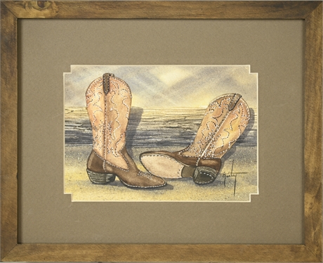 Charlotte McMurtry "These Boots" Watercolor Painting Noted NM Artist