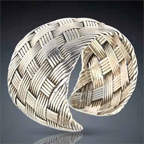 Sterling Silver Woven Cuff Bracelet - Mexico 925, Adjustable