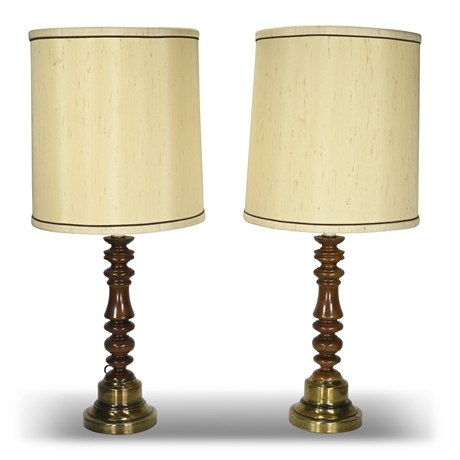 Vintage Turned Wood Brass Table Lamps