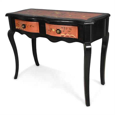 Chinoiserie Serpentine Console Table with Hand-Painted Bird & Floral Decor