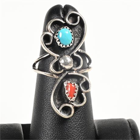 Vintage Navajo Turquoise and Coral Sterling Ring