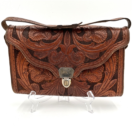 VINTAGE TOOLED MEXICAN LEATHER HANDBAG