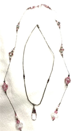 Sterling Silver Pink Glass Bead Lariat and Sterling Silver Necklace