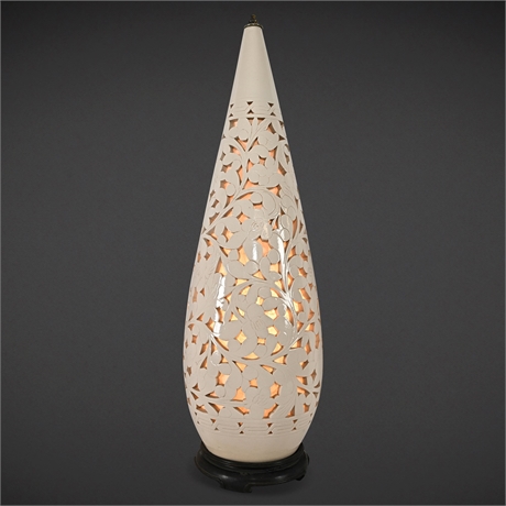 27" Pierced Ceramic Lamp with Rice Paper Interior – Floral Cutwork Design