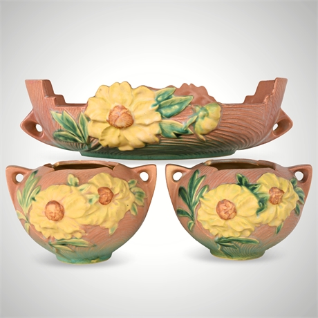Roseville Pottery Sunflower Console Bowl 432-12 & Vases 427-4 – USA