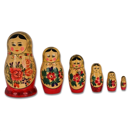 Russian Hand-Painted Wooden Matryoshka Nesting Dolls – 6-Piece Floral Set