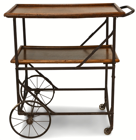 Late 1800s Industrial Black Iron & Oak Folding Rolling Tea Bar Cart Hotel