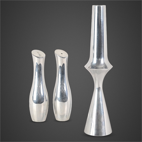 Nambé Studio Cast Aluminum Salt & Pepper Shakers & Candlestick, c.1995–2001