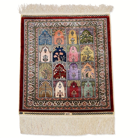 Turkish Silk Kayseri Rug, Prayer-Panel Design, 30 x 20.25 in
