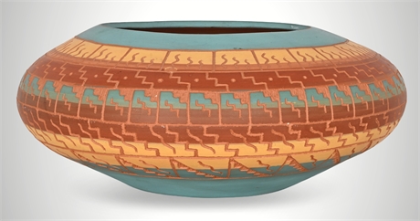 H. Livingston Navajo Pottery Jar — Hand Coiled, Carved & Painted, 10.25"