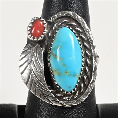 Vintage Navajo Turquoise and Coral Sterling Ring