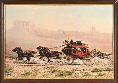 Harland Young Western Oil — Wells Fargo Overland Stage Pursuit, Framed Print