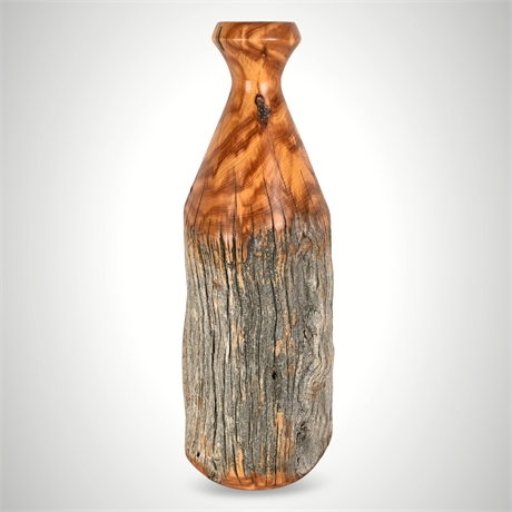 Hand-Turned Juniper Wood Vase or Candleholder, Signed JV2, 13"