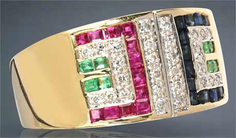 14K Multi-Gemstone Ring with Diamonds, Rubies, Sapphires, and Emerald
