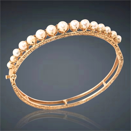 Vintage 14K Gold Pearl Bangle Bracelet