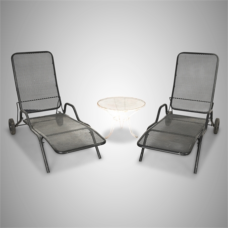 Pair of Iron Mesh Chaise Lounges with Adjustable Back & 8" Wheels