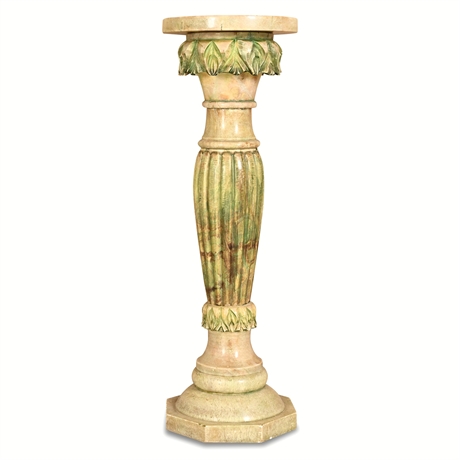 Antique Alabaster Plant Stand Pedestal with Polychrome Acanthus Carving