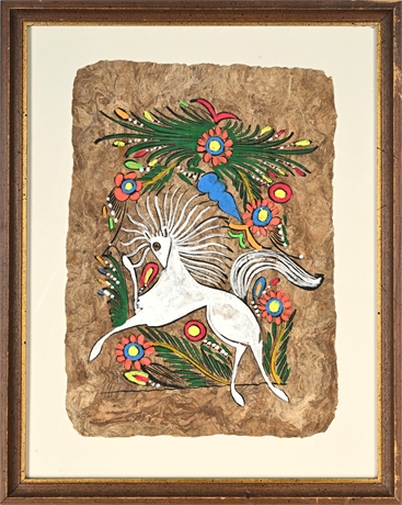 Mexican Amate Bark Folk Art — White Horse Painting, Framed