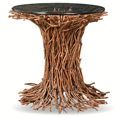 Twig Base Rustic Side Table with Glass Top