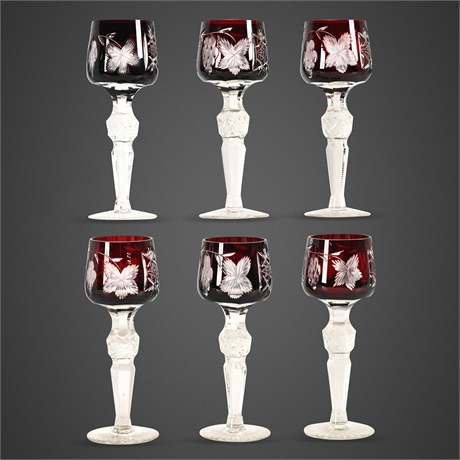 Bohemian Czech Cranberry Cut-to-Clear Glasses (Set of 6)