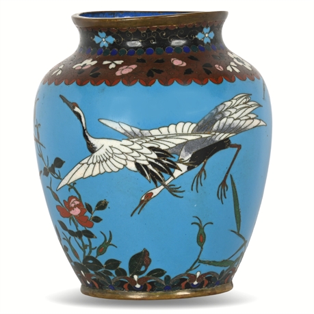 Antique Chinese Cloisonné Vase with Cranes, Sky Blue Ground, 6" Tall