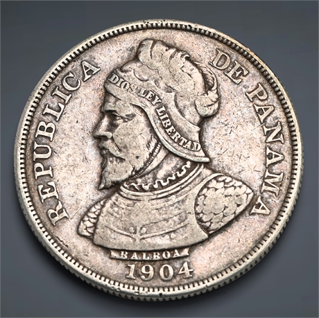 Panama Conquistador Balboa Antique Silver Coin - 1904 - 50 Centesimos