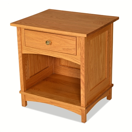 Amish Solid Oak One-Drawer Nightstand with Open Shelf & Brass Knob