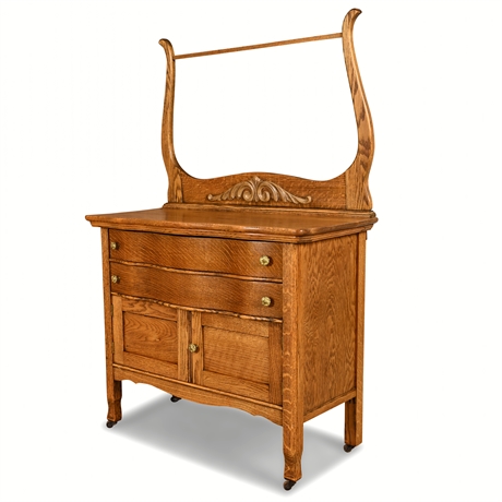 Antique Oak Washstand with Towel Bar and Brass Pulls