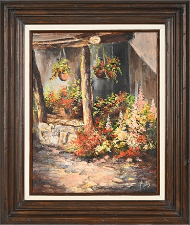 Mirta — Floral Courtyard with Hanging Baskets, Original Oil on Canvas