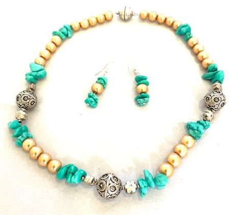 Turquoise and Pearl Necklace and Earring Set