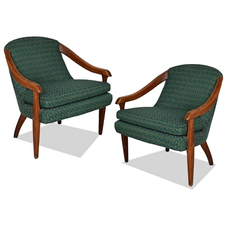 Mid-Century Sculpted Walnut Barrel-Back Lounge Chairs, Pair