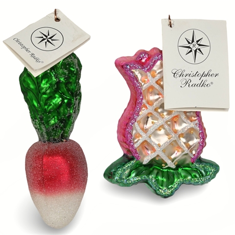 (2) Christopher Radko Blown Glass Ornaments - "Tulip Treat" & "Chilled Radish"