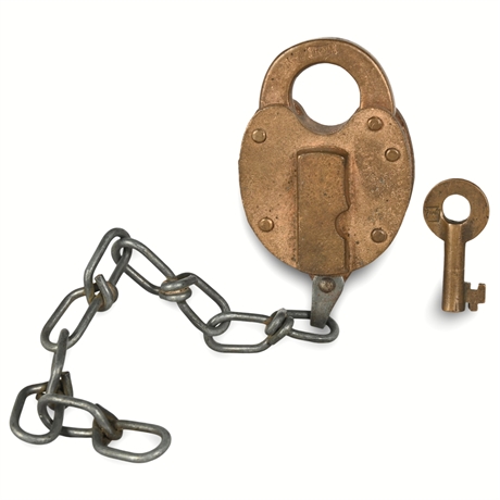 Antique FRAIM Brass Padlock with Key and Chain