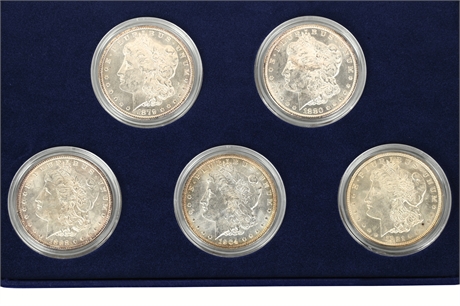 Set of 5 Morgan Silver Dollars in Presentation Case