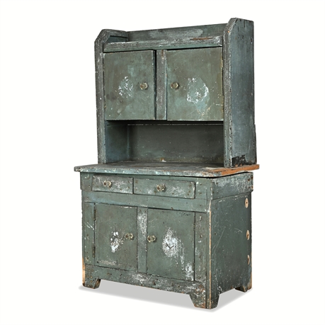 Primitive Child's Step-Back Cupboard — Original Blue Paint, Glass Knobs