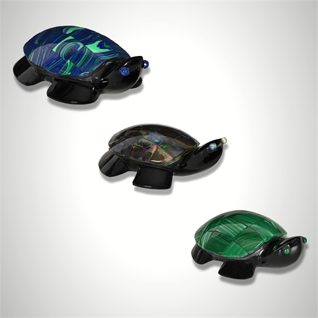 Mexican Obsidian & Stone Mosaic Inlay Turtle Figurines, Set of 3