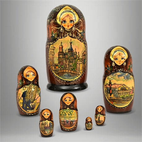 Hand-Painted Russian Matryoshka Nesting Dolls, St. Petersburg Scenes, Set of 7