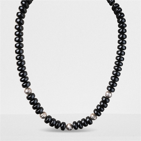 Vintage Onyx & Sterling Bead Necklace