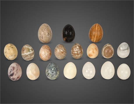 18 Carved Stone Eggs (Alabaster, Onyx & More) with Signed Studio Pottery Bowl