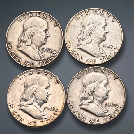 1948 - 1950 (4) Franklin Silver Half Dollars