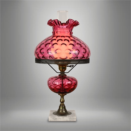 Fenton Cranberry Thumbprint Glass Electrified Parlor Lamp on Marble Base