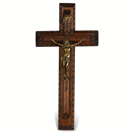 Carved Wood & Brass Wall Crucifix with INRI Plaque — Mexico