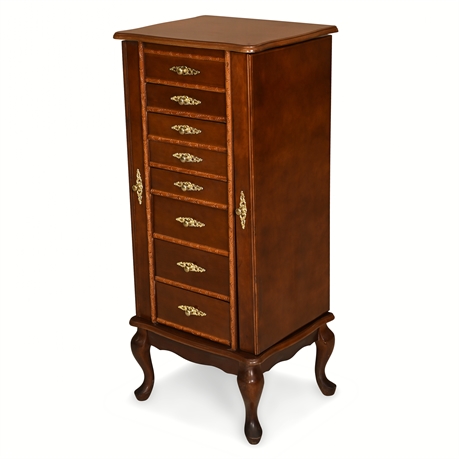 Powell Queen Anne Style Cherry Jewelry Armoire – 7 Drawer, Mirror Top, Velvet