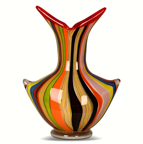 Vintage Murano Hand Blown Glass Vase with Vibrant Striped Swirl