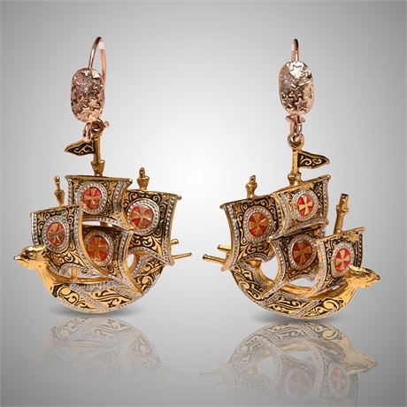 Vintage Spanish Damascene Ship Earrings