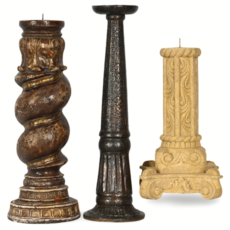 Pillar Candle Trio – Ceramic Spiral, Tin Over Wood, and Ornate Resin