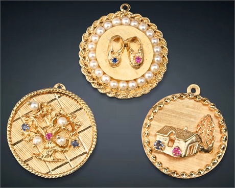 14K Yellow Gold Mid-Century Pendants with Gemstones and Pearls